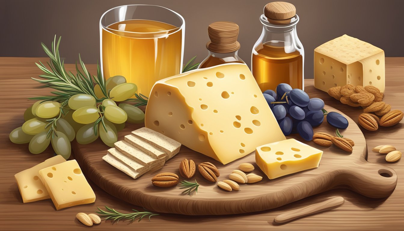 A wooden cheese board with an assortment of cheeses, grapes, nuts, and crackers, accompanied by a small jar of honey and a sprig of fresh rosemary