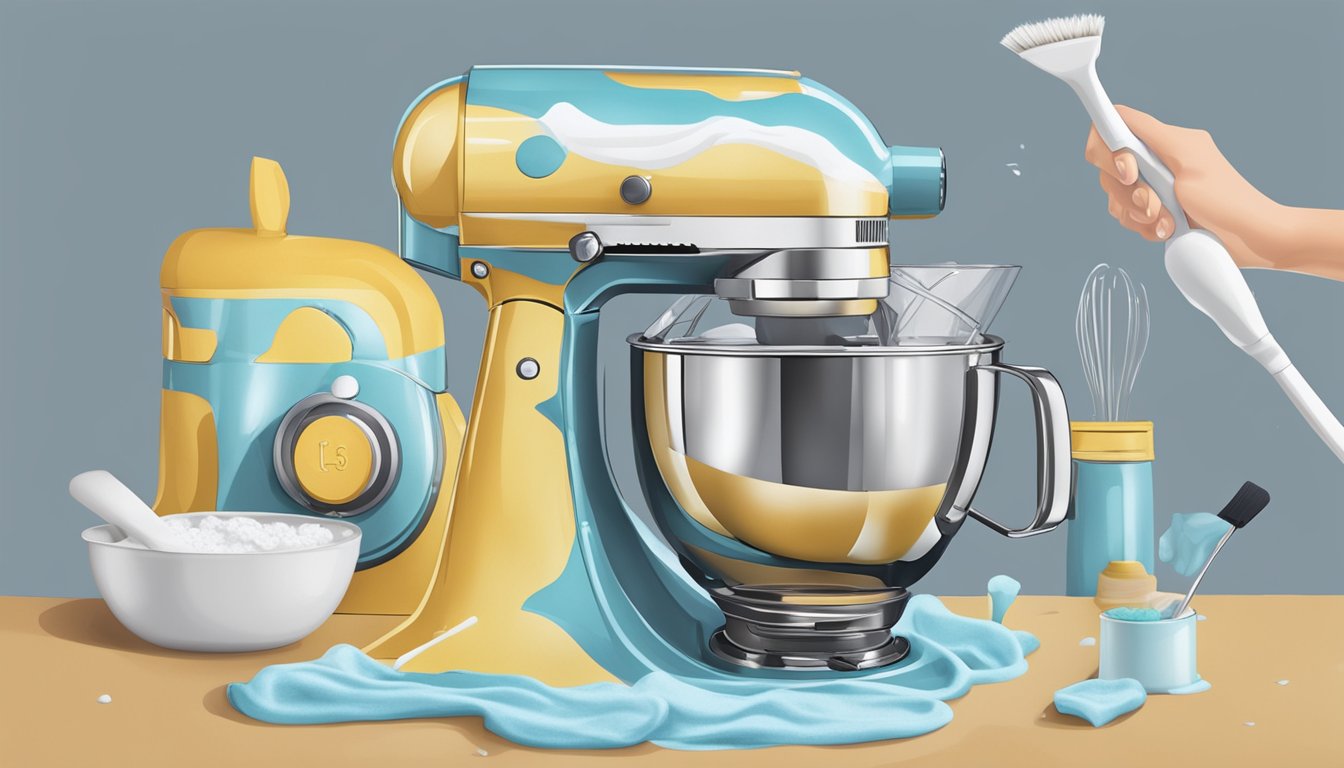 A stand mixer being disassembled and cleaned with soapy water and a brush