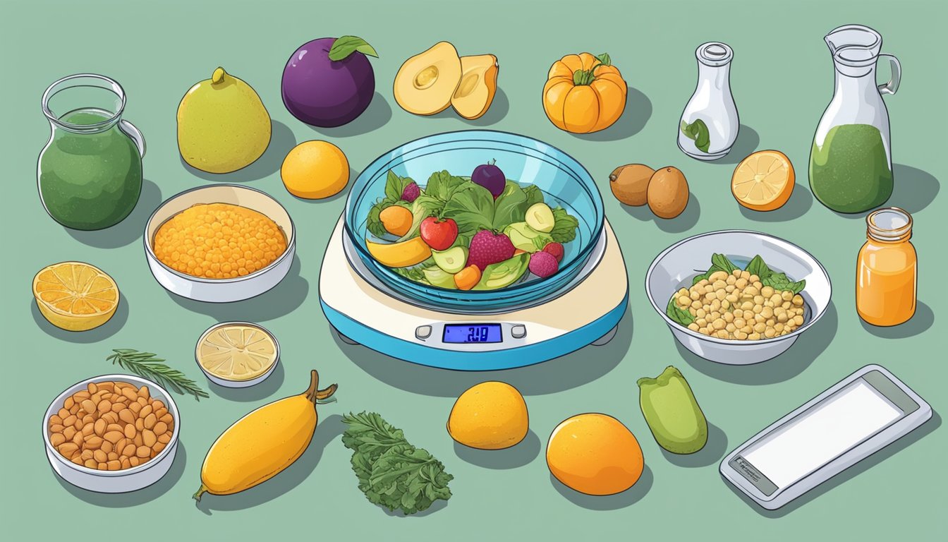 A kitchen scale surrounded by various food items, with a person comparing different models and features