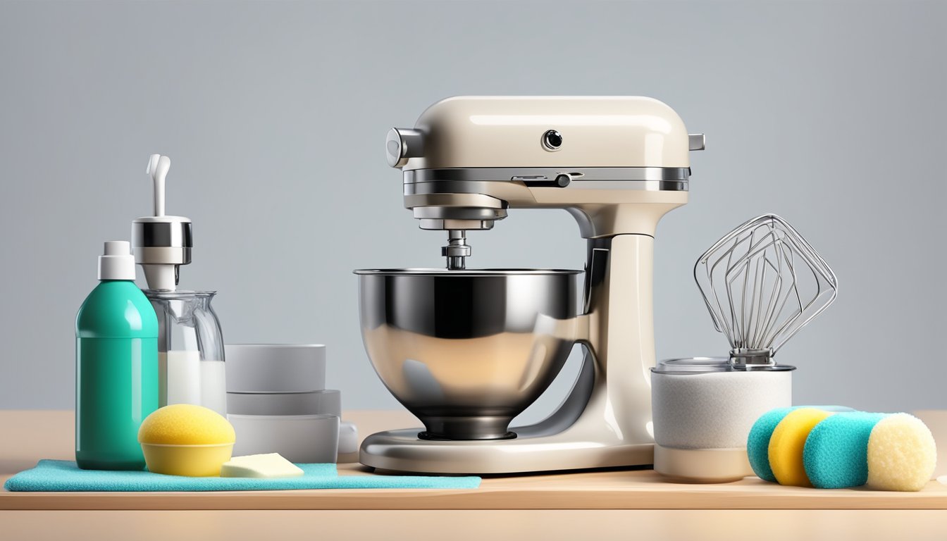 A clean, disassembled stand mixer with various cleaning supplies nearby, such as a sponge, soap, and a towel