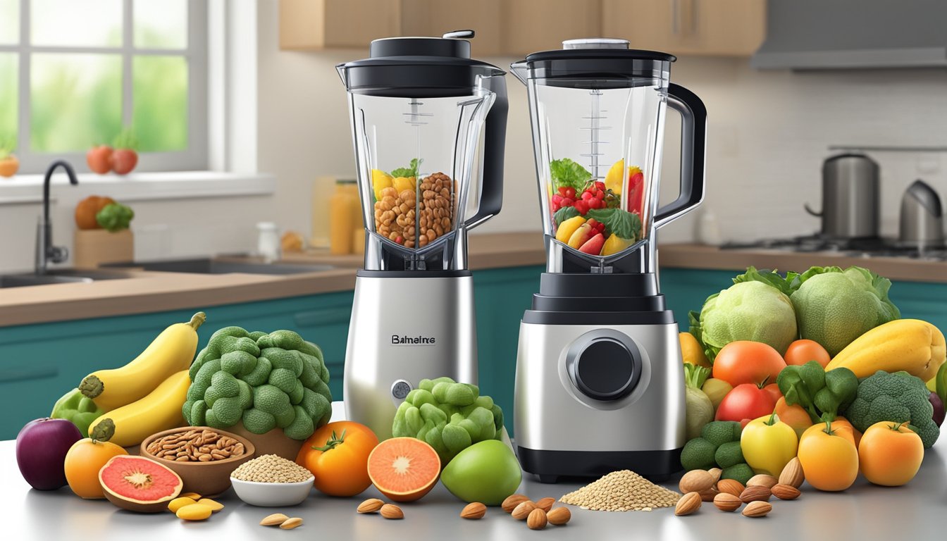 A variety of fresh fruits and vegetables, a blender, and a selection of nuts and seeds arranged on a kitchen counter