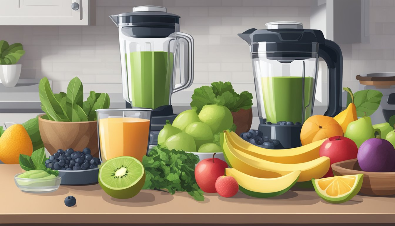 A variety of fresh fruits, leafy greens, and protein powders arranged on a kitchen counter, with a blender and measuring cups nearby