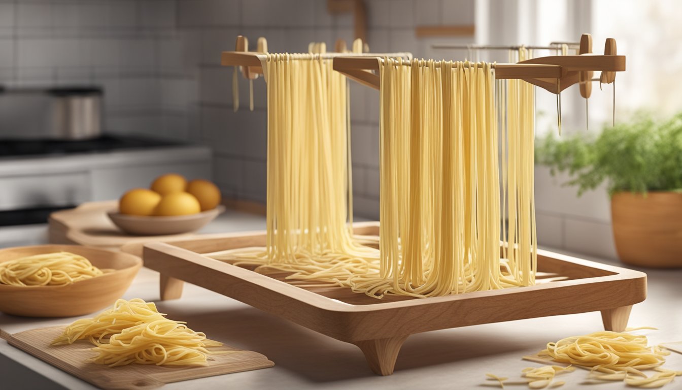 A wooden homemade pasta drying rack stands on a kitchen counter, with freshly made pasta strands hanging from the individual arms