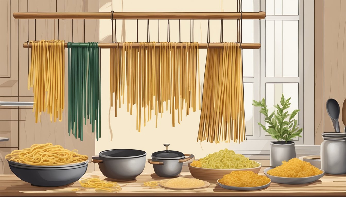 A wooden pasta drying rack with strands of pasta hanging to dry, surrounded by various kitchen utensils and ingredients