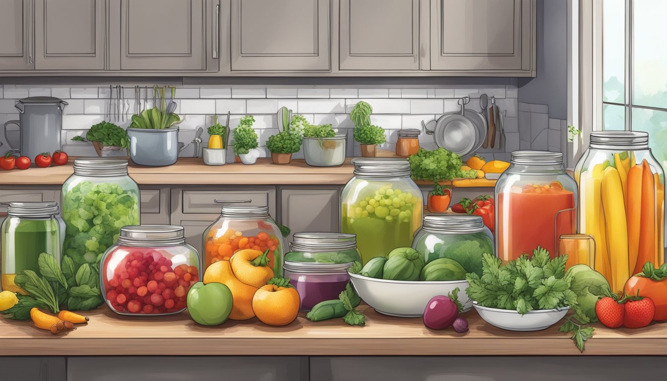 A kitchen counter with various fruits, vegetables, and herbs next to mixing bowls and jars filled with vibrant homemade food colorings