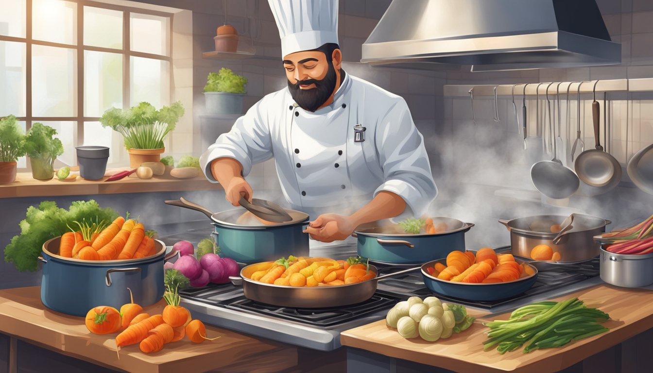 A chef slicing and roasting an array of colorful root vegetables, surrounded by pots and pans, with steam rising from the stove