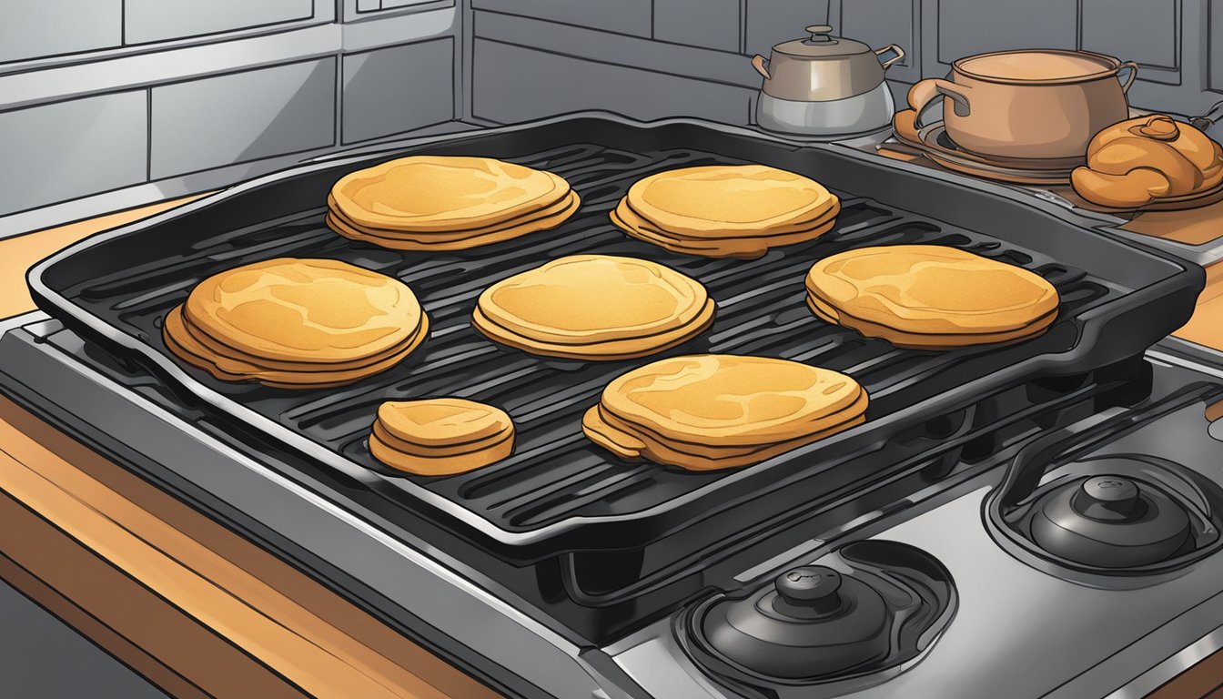 A cast iron griddle sits on a gas stove, sizzling with heat. Steam rises from the surface as food cooks evenly