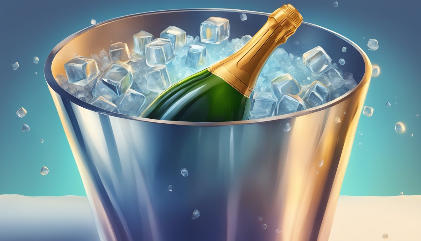 A wine bottle sits in an ice bucket, condensation forming on the glass. A hand reaches for a bottle of sparkling wine chilling in the refrigerator