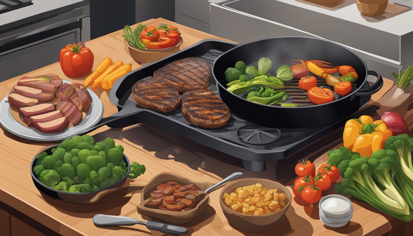 A cast iron griddle sizzling over a gas stove, with a variety of vegetables and meats arranged neatly around it