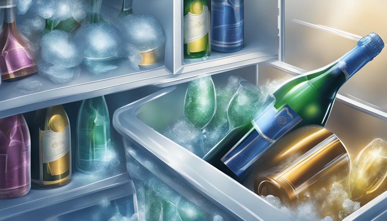 A bottle of wine and a bottle of sparkling beverage sit inside a freezer, surrounded by frost and ice, as they rapidly chill