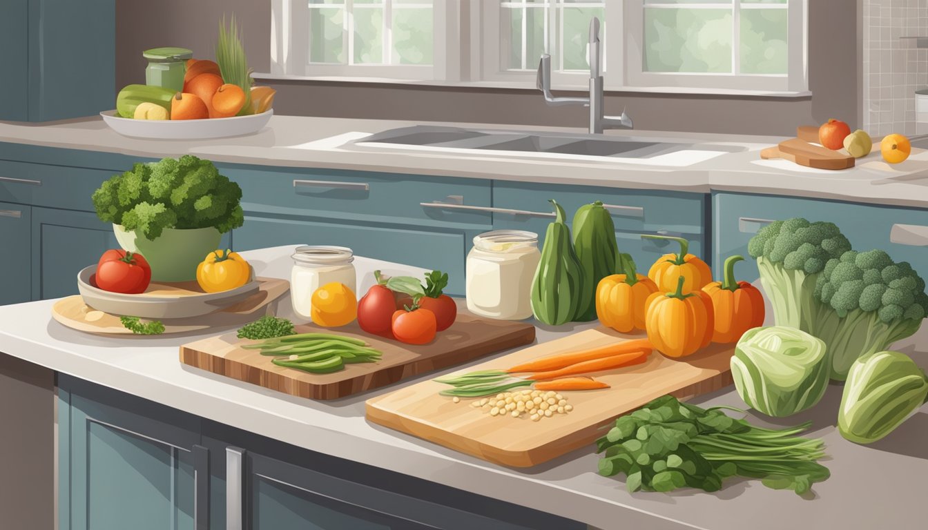 A kitchen counter filled with fresh produce, grains, and protein. A cutting board with a knife, and containers for meal prepping