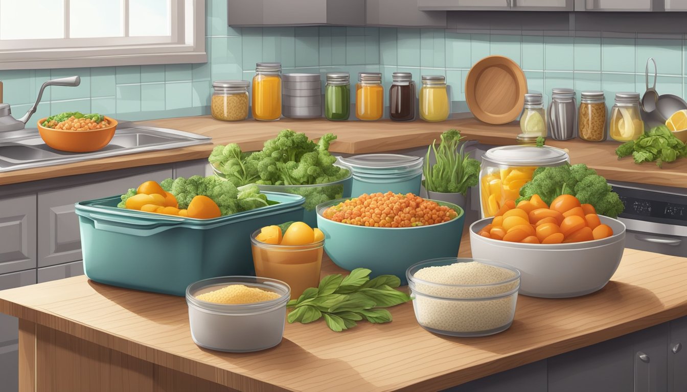 A kitchen counter with neatly organized containers of prepped food, surrounded by fresh ingredients and cooking utensils