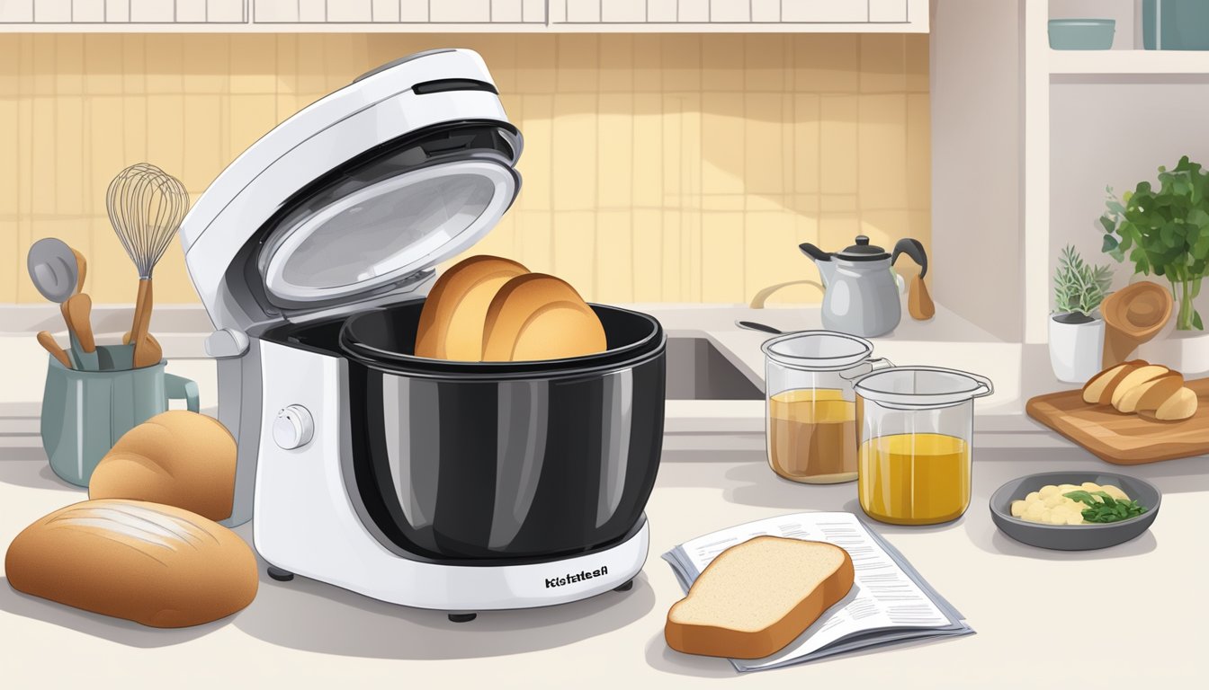 A kitchen counter with a bread maker, ingredients, and a recipe book open to a page on how to choose and use a bread maker