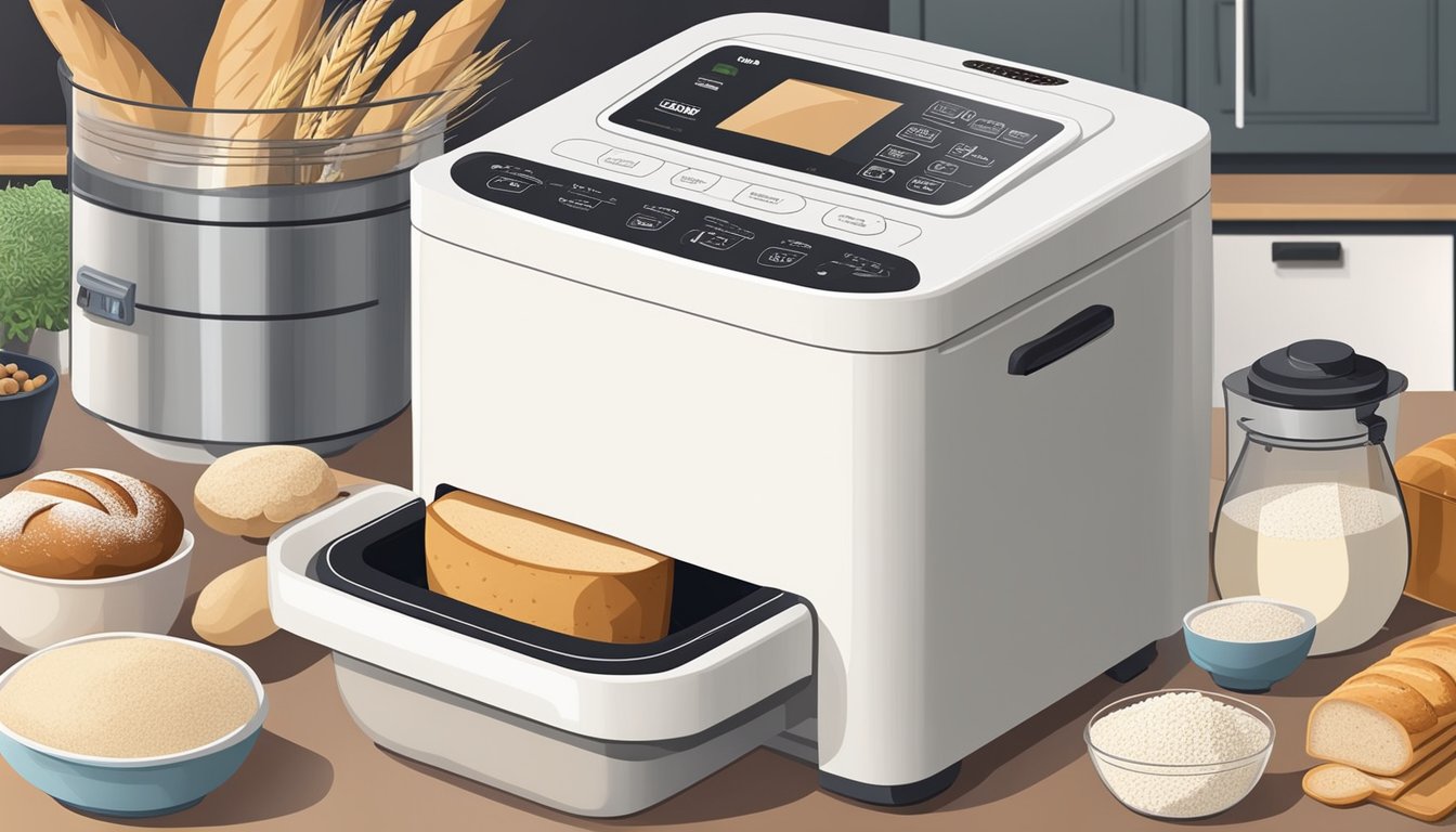 A bread maker sits on a kitchen counter surrounded by various ingredients such as flour, yeast, and seeds. The machine's control panel displays different settings and options for choosing and using advanced features and functions