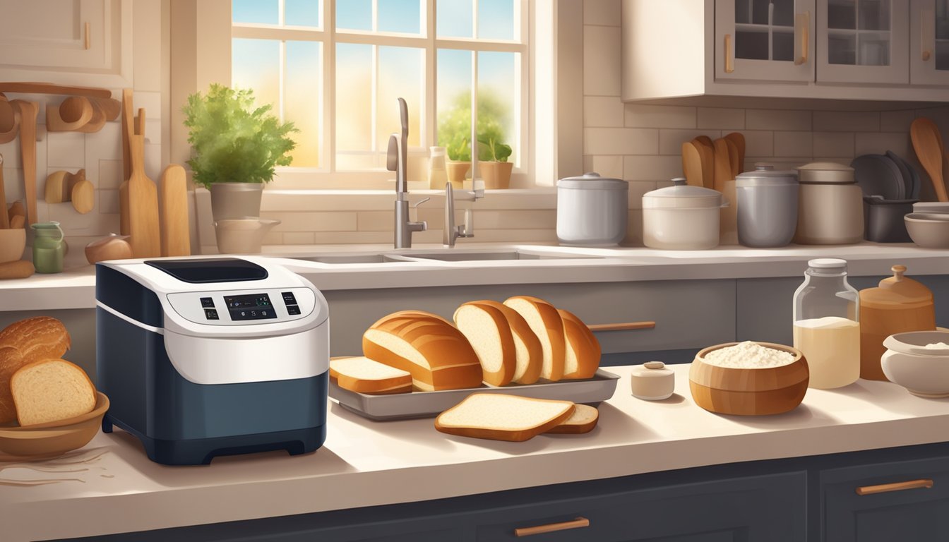 A kitchen counter with a bread maker surrounded by ingredients like flour, yeast, and a measuring cup. A warm, inviting atmosphere with natural light streaming in