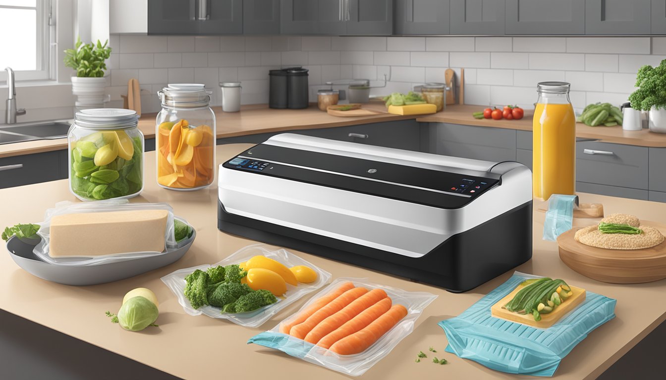 A kitchen counter with a vacuum sealer next to various food items and storage bags