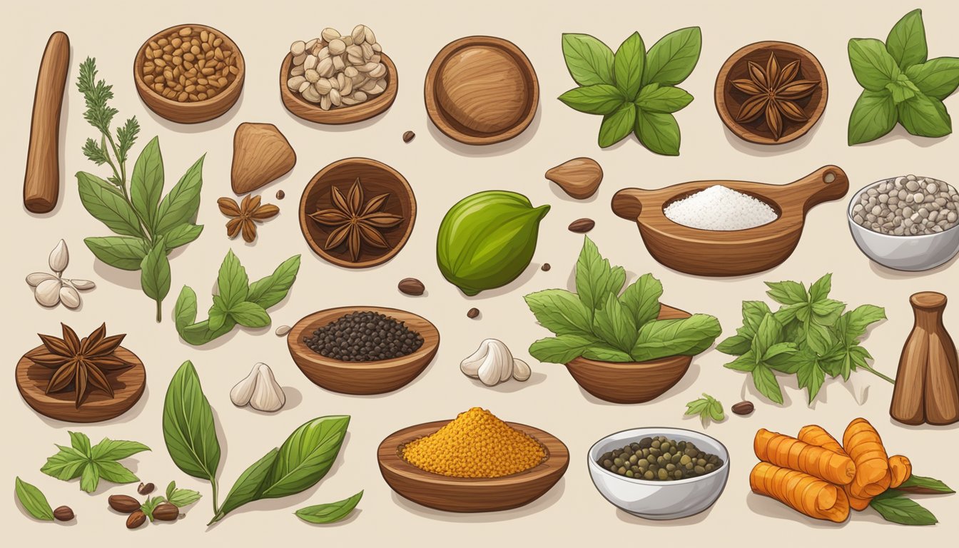 A variety of whole spices and herbs arranged on a wooden cutting board, ready to be mixed together to create a pickling spice blend