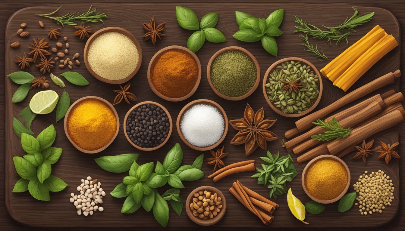 A collection of various whole spices and herbs spread out on a wooden cutting board, ready to be mixed together to create a homemade pickling spice blend