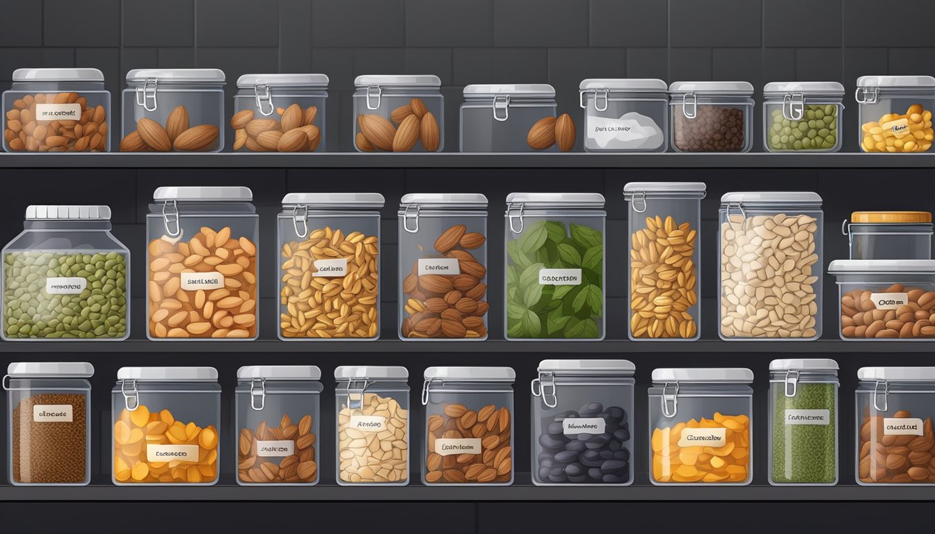 A variety of nuts and seeds are stored in airtight containers, placed in a cool, dark pantry. Some are labeled with expiration dates