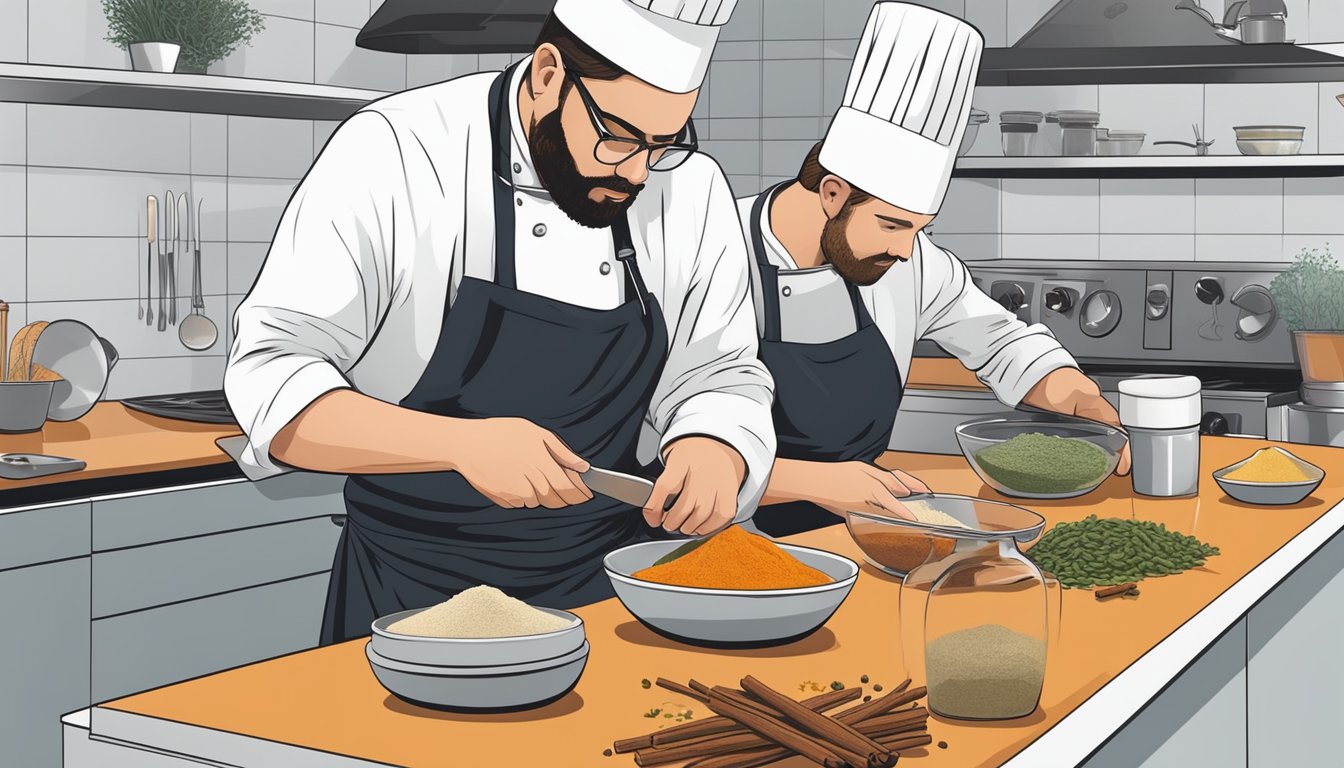 A chef carefully measuring and blending various spices and ingredients in a sleek, modern kitchen, focused on achieving the perfect balance of flavors in a dish