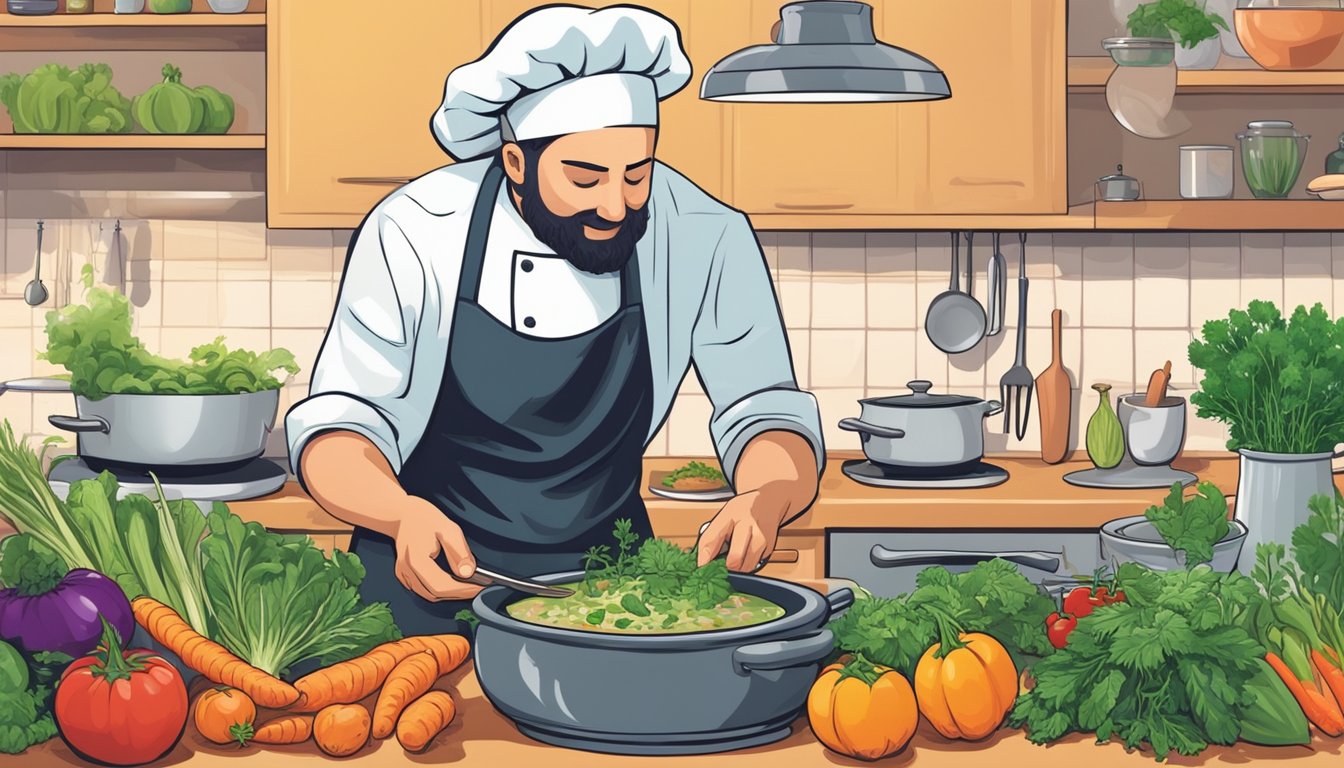 A chef carefully adds a pinch of fresh herbs to a bubbling pot of soup, while a bowl of vibrant, colorful vegetables sits nearby, ready to be incorporated into the dish