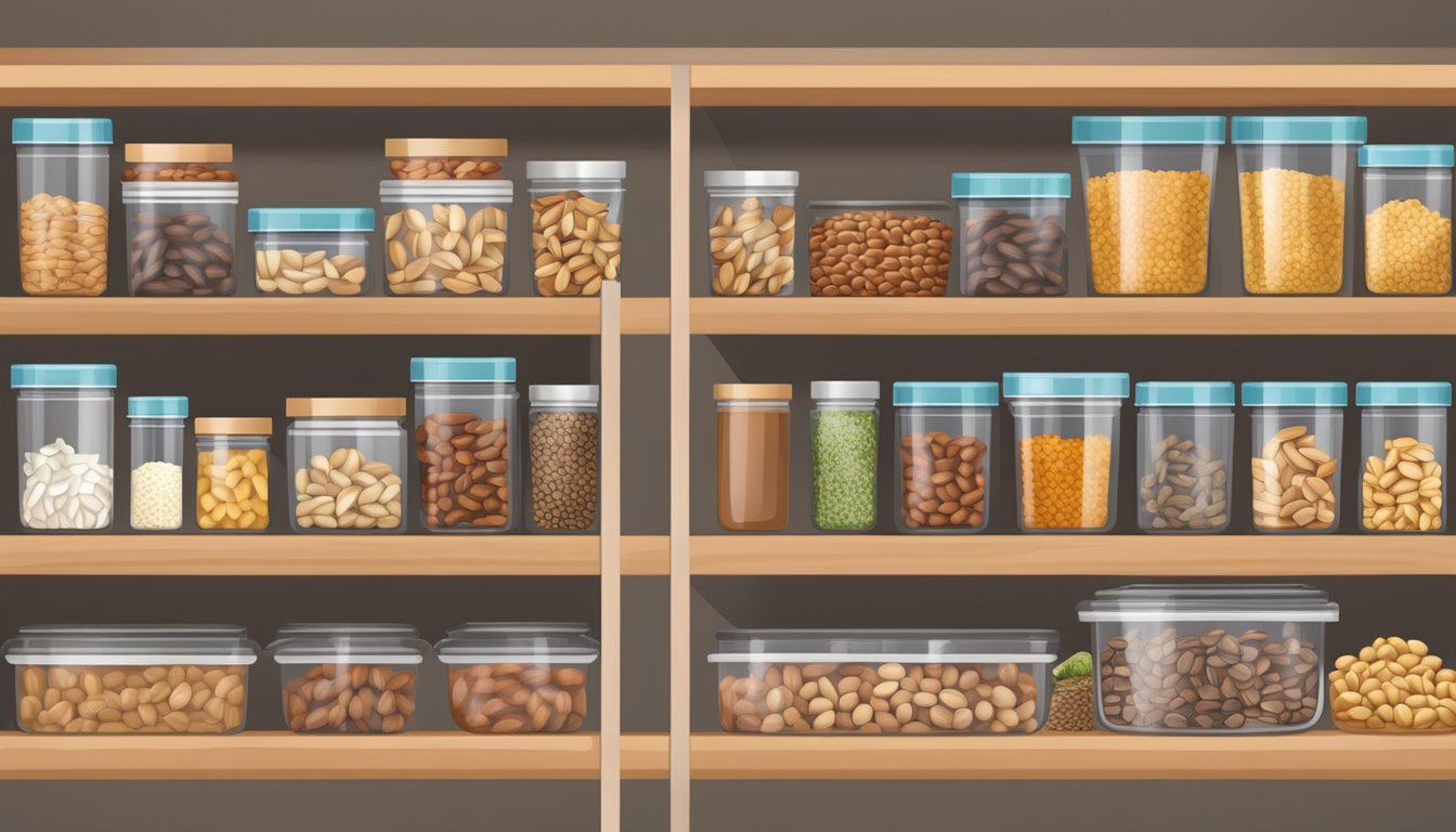 Assorted nuts and seeds stored in airtight containers on shelves with labels for regular maintenance and freshness