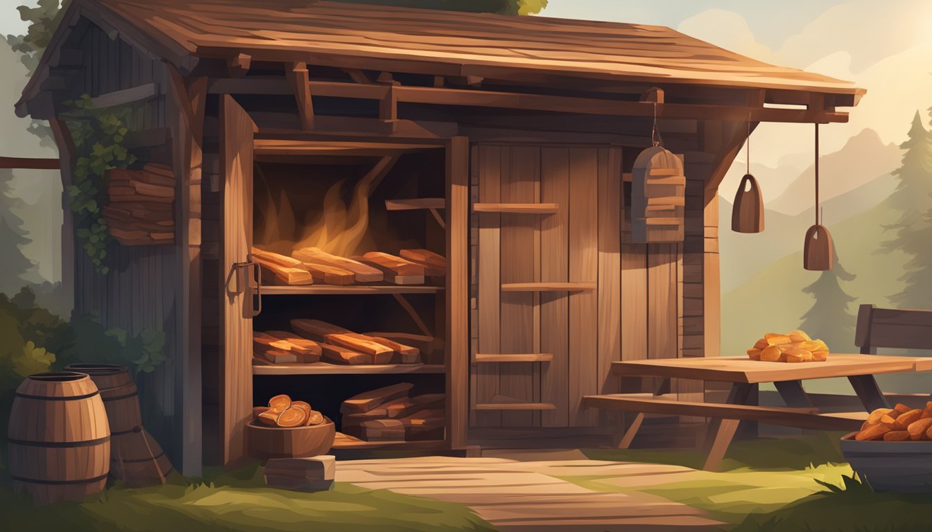 A rustic wooden smokehouse with hanging meats and a smoky aroma