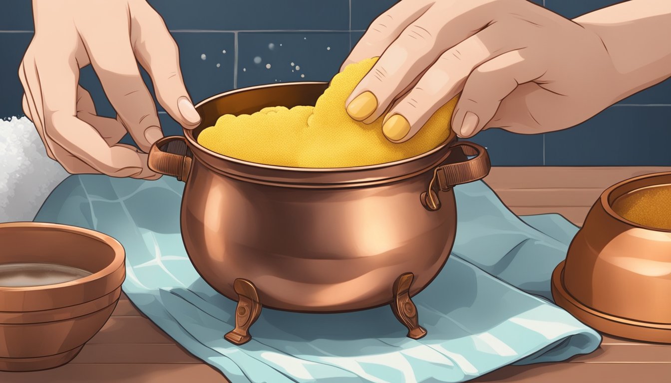 A pair of hands carefully scrubbing a copper pot with a soft sponge and soapy water, then drying it thoroughly with a clean cloth