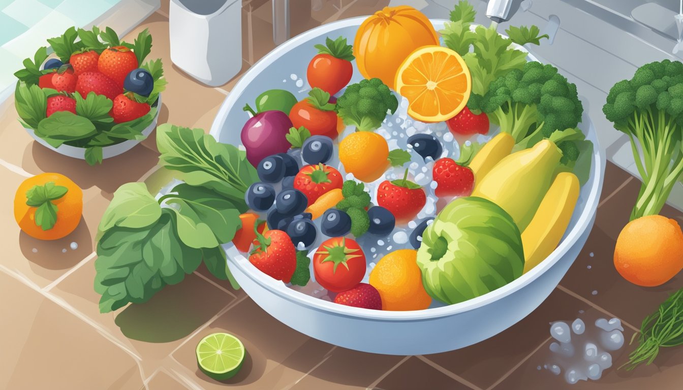 A bowl of mixed fruits and vegetables being washed under running water with a homemade fruit and vegetable wash solution nearby