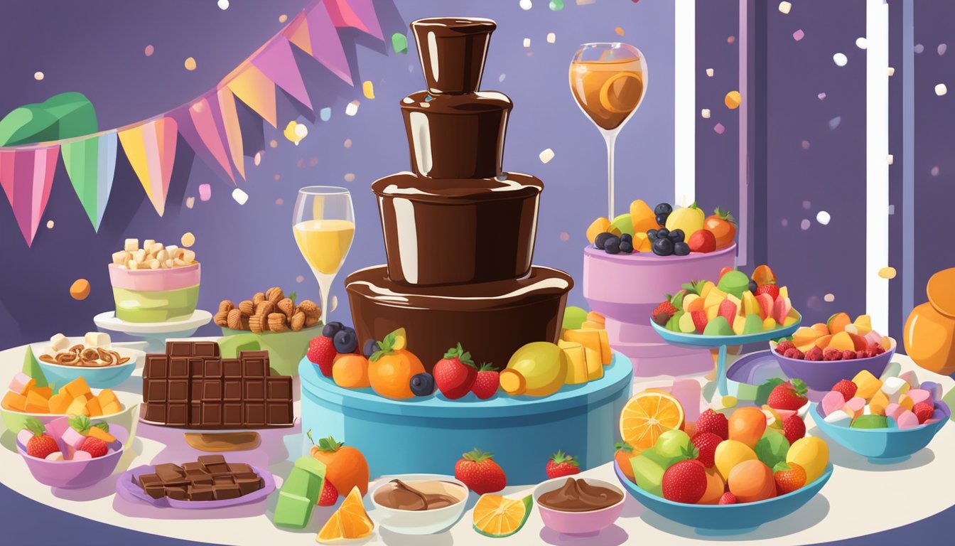 A chocolate fountain surrounded by various fruits, marshmallows, and pretzels for dipping, with guests enjoying the interactive dessert station at a lively party