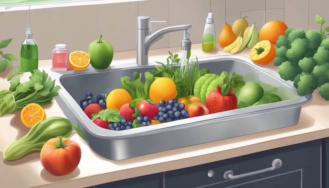 A sink filled with water and various fruits and vegetables being washed with a homemade cleaning solution