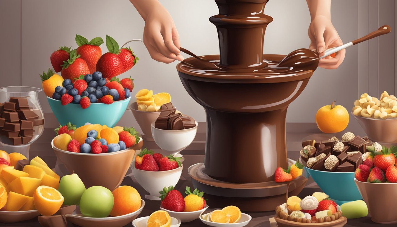 A chocolate fountain surrounded by various fruits and sweets, with a person dipping the treats into the flowing chocolate