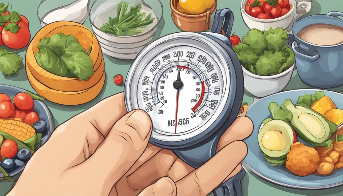 A hand holding a kitchen thermometer, with various food items and cooking utensils in the background