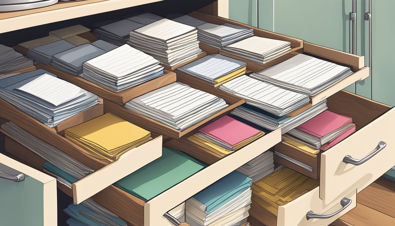 A stack of recipe books and loose papers arranged neatly in a kitchen drawer