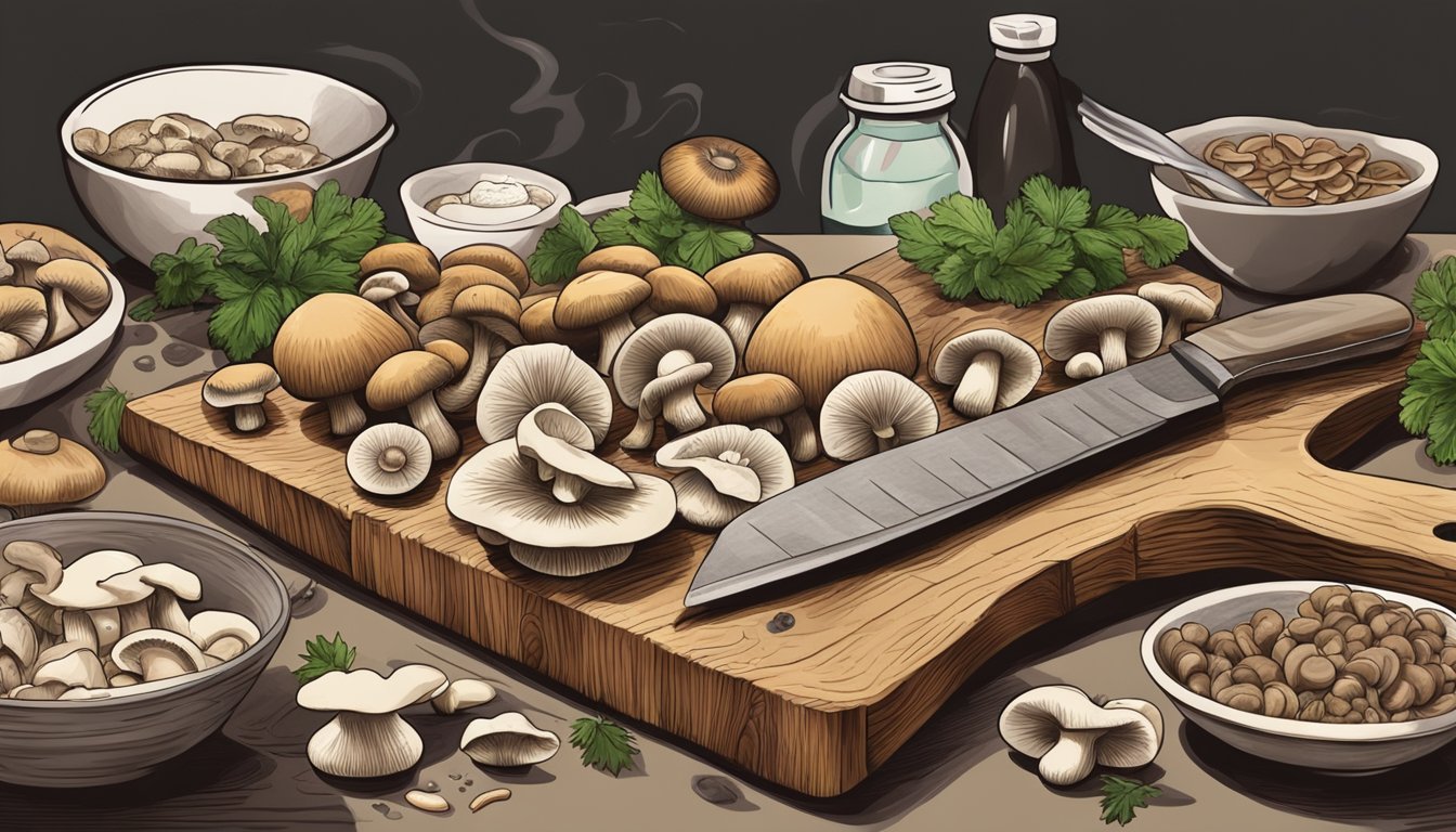 Mushrooms being washed and sliced, some fresh and others dried, on a cutting board with a knife and a bowl nearby