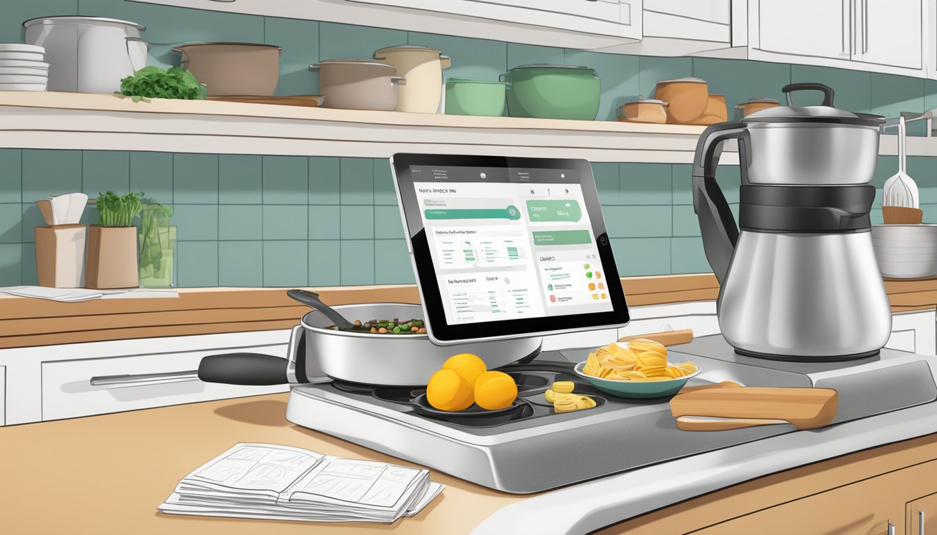 A kitchen counter with neatly organized recipe cards and a tablet displaying a digital recipe collection. A pot and pan sit nearby, ready for use