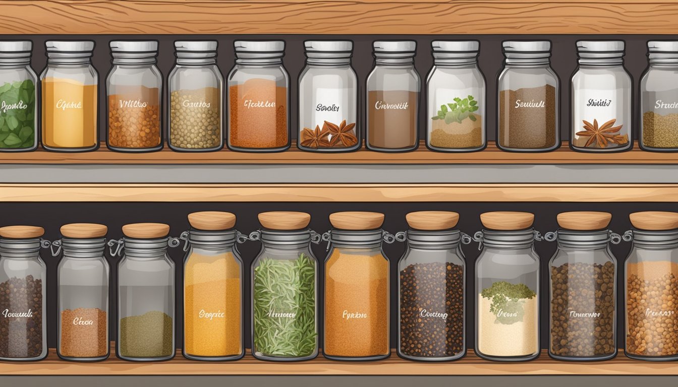 A wooden spice rack with labeled jars, filled with various herbs and spices, neatly organized on a kitchen countertop