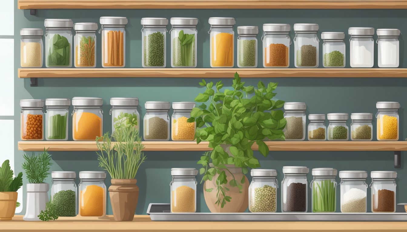 A well-organized spice rack with neatly labeled jars and a variety of fresh herbs hanging to dry in a bright, airy kitchen