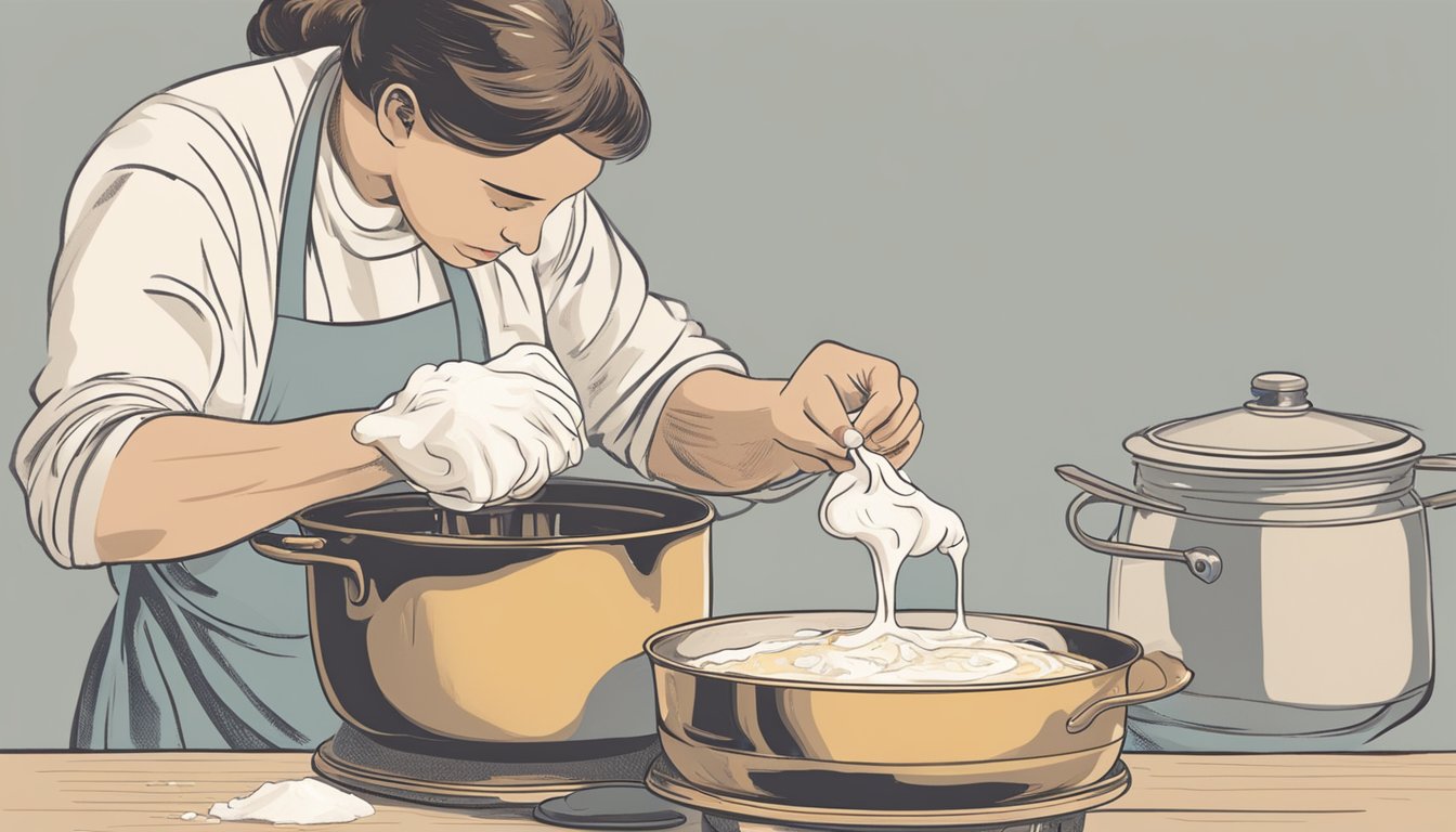 A person stirring a pot of milk over a low flame, adding rennet, and then straining the curds through cheesecloth