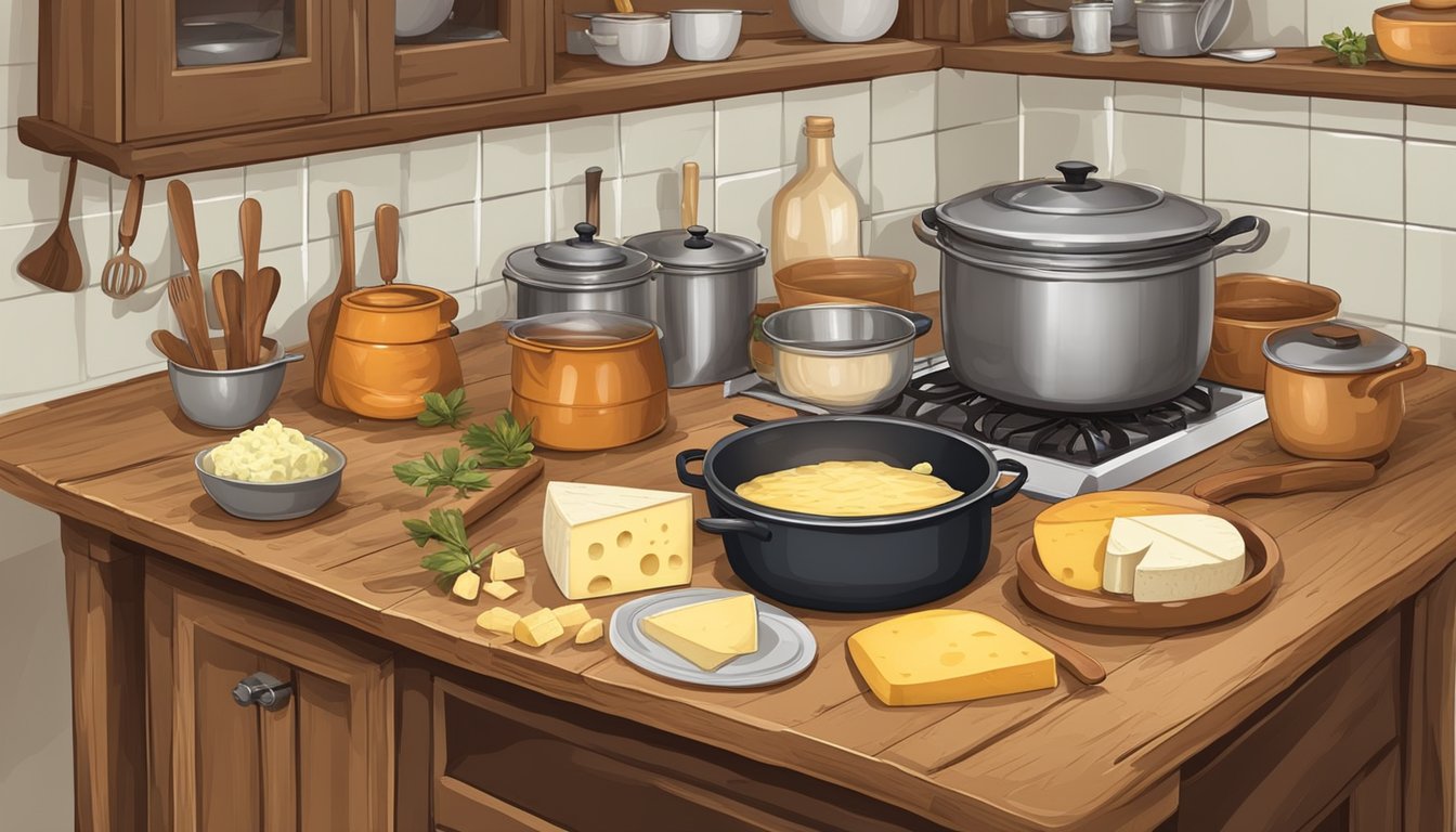 A rustic kitchen with a wooden table, a large pot simmering on a stove, and various utensils laid out for making homemade cheese