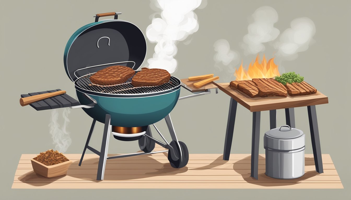 A grill with a lid closed, filled with wood chips and a water pan, smoke billowing out as the meat is being prepared for smoking