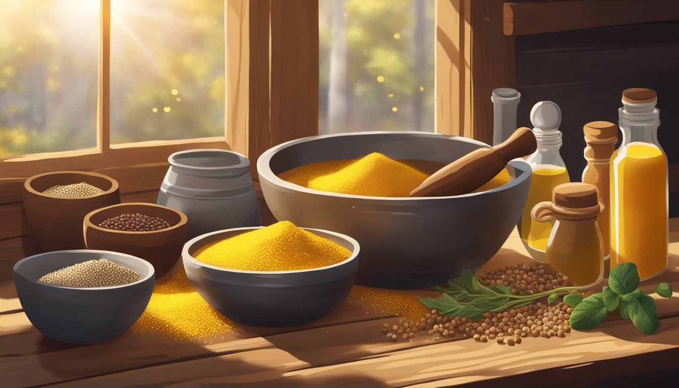 A rustic kitchen with a mortar and pestle, mustard seeds, vinegar, and spices laid out on a wooden table. Sunlight streams through a window, casting a warm glow on the ingredients