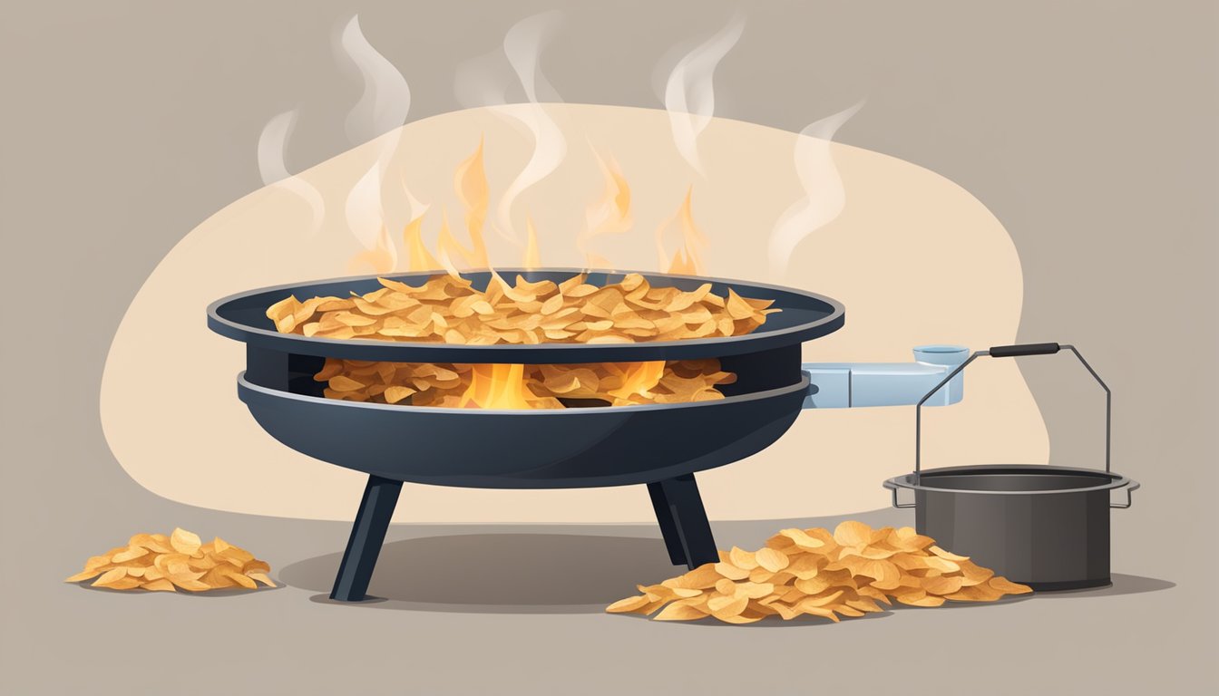 A grill with a lid, wood chips, and a water pan set up for smoking