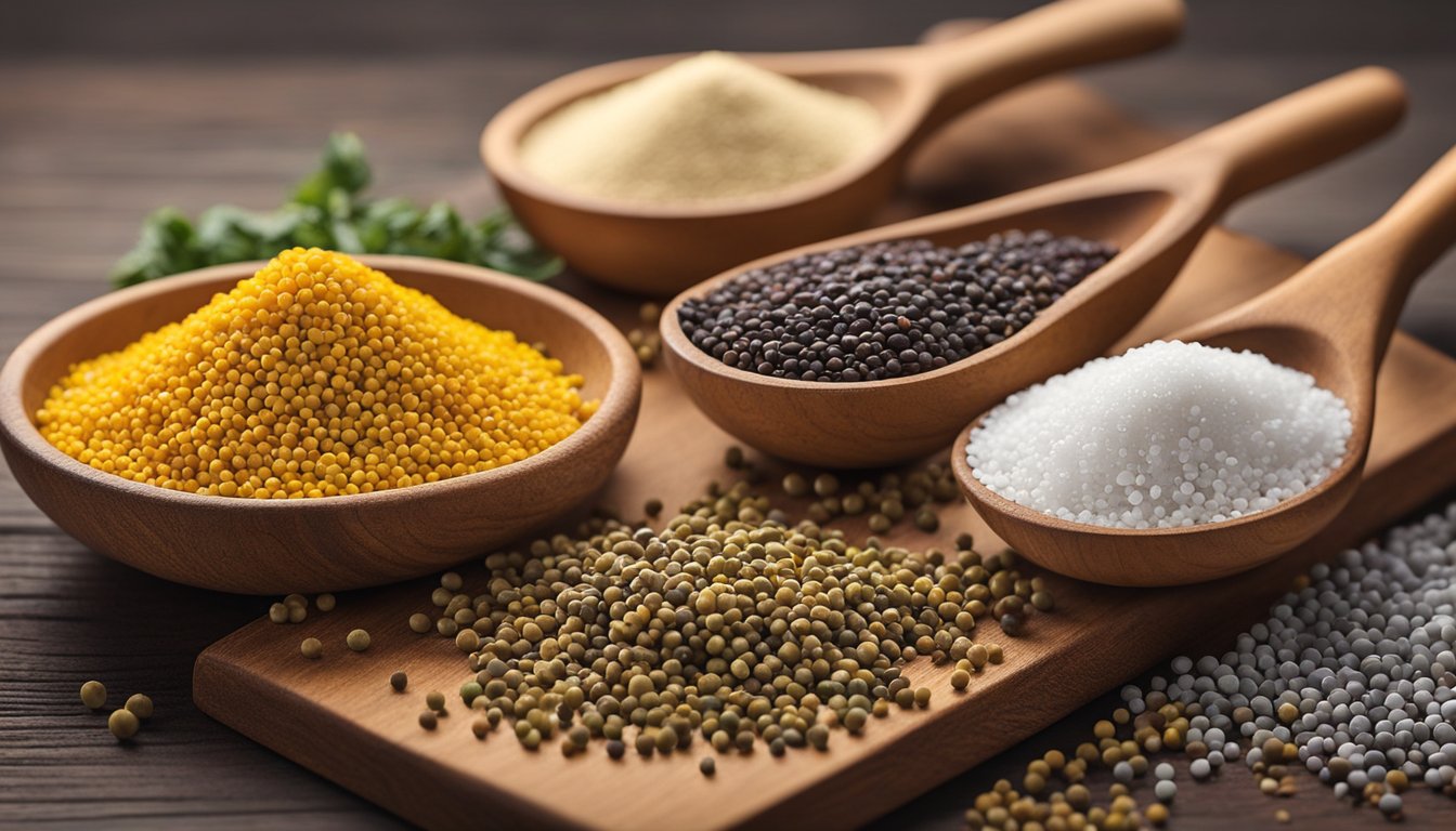 Mustard seeds in various colors and sizes scattered on a wooden cutting board, surrounded by small bowls of vinegar, salt, and other ingredients