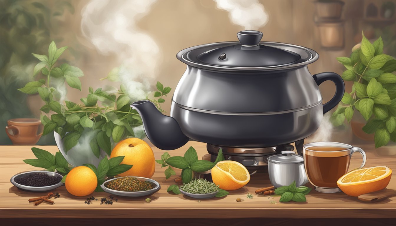 A steaming pot of tea sits on a rustic wooden table, surrounded by various herbs, spices, and fruits. A pot of soup simmers on the stove, with a tea infuser and loose leaves nearby