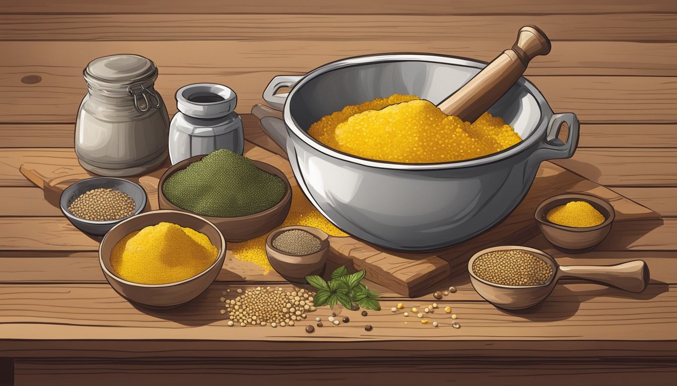 A rustic kitchen with a mortar and pestle, mustard seeds, vinegar, and spices laid out on a wooden table for making homemade mustard from scratch