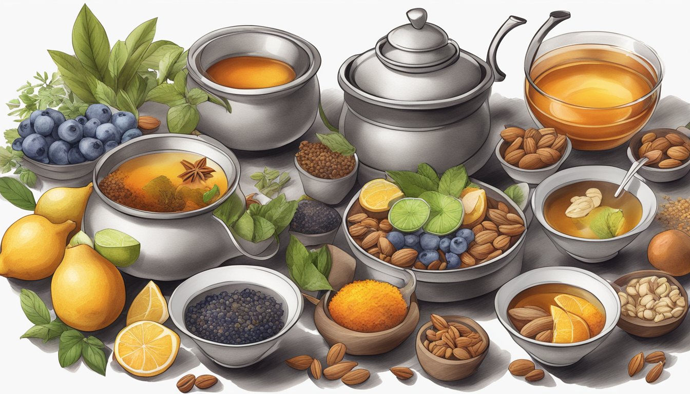 A steaming pot of tea infusing with various herbs and spices, surrounded by bowls of colorful ingredients like fruits and nuts