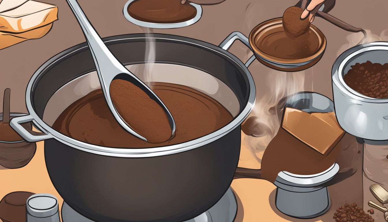 A chef blending cocoa powder and spices into a bubbling pot of savory chocolate sauce