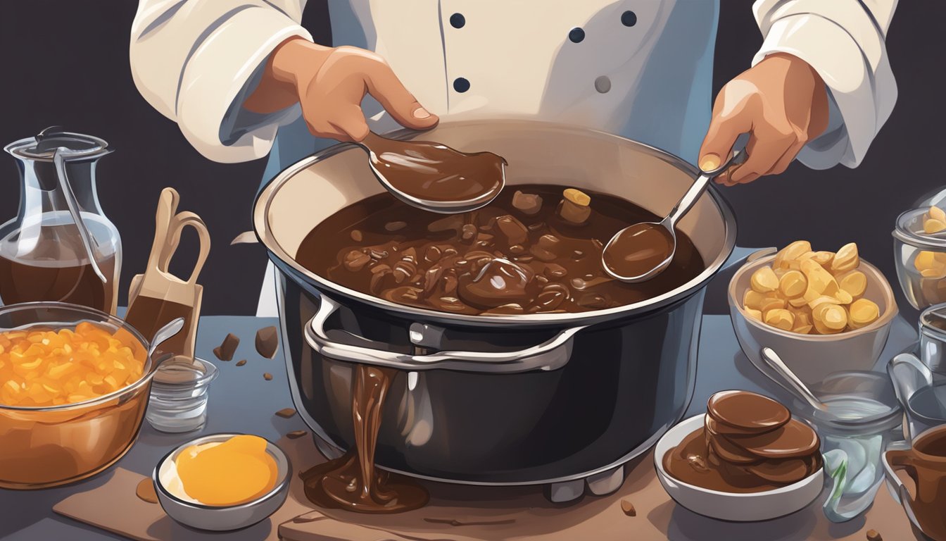 A chef adding melted chocolate to a bubbling pot of savory stew