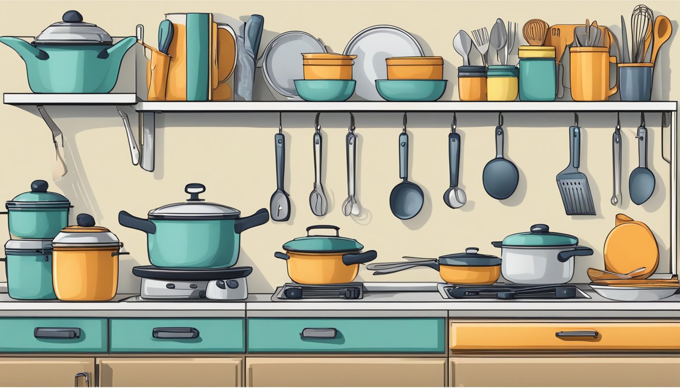 A neatly organized kitchen counter with multipurpose cooking tools hanging on hooks and shelves, reducing clutter and maximizing space efficiency